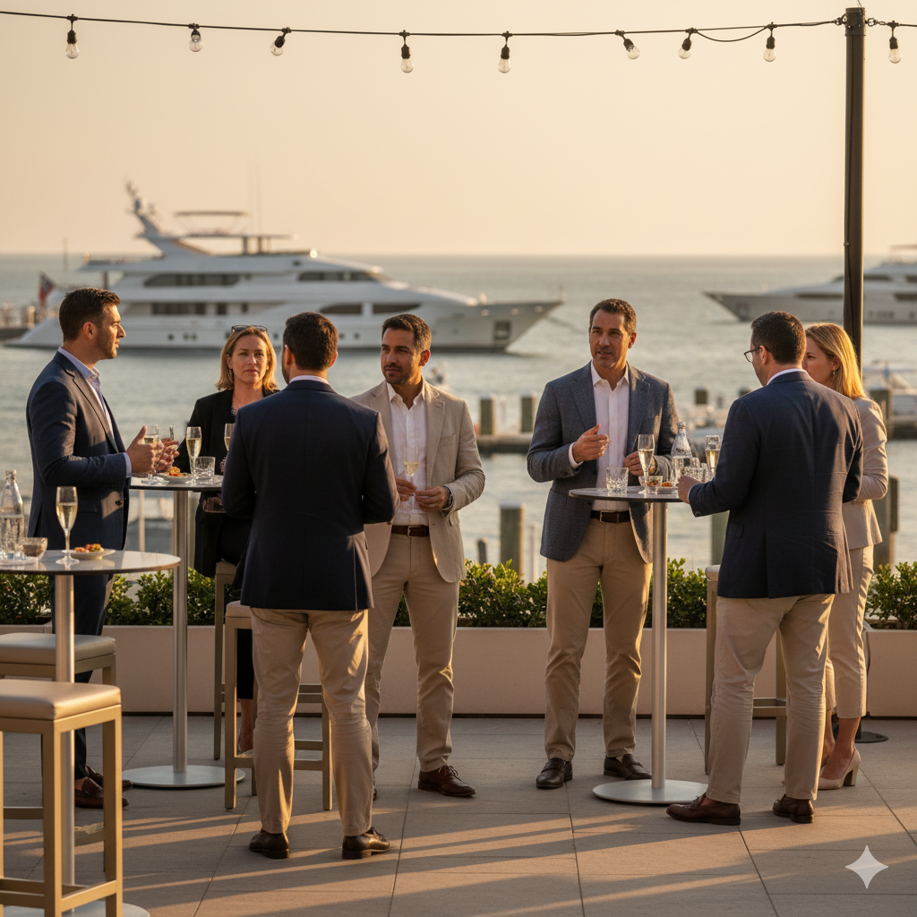 Private equity professionals networking at exclusive Hamptons business event
