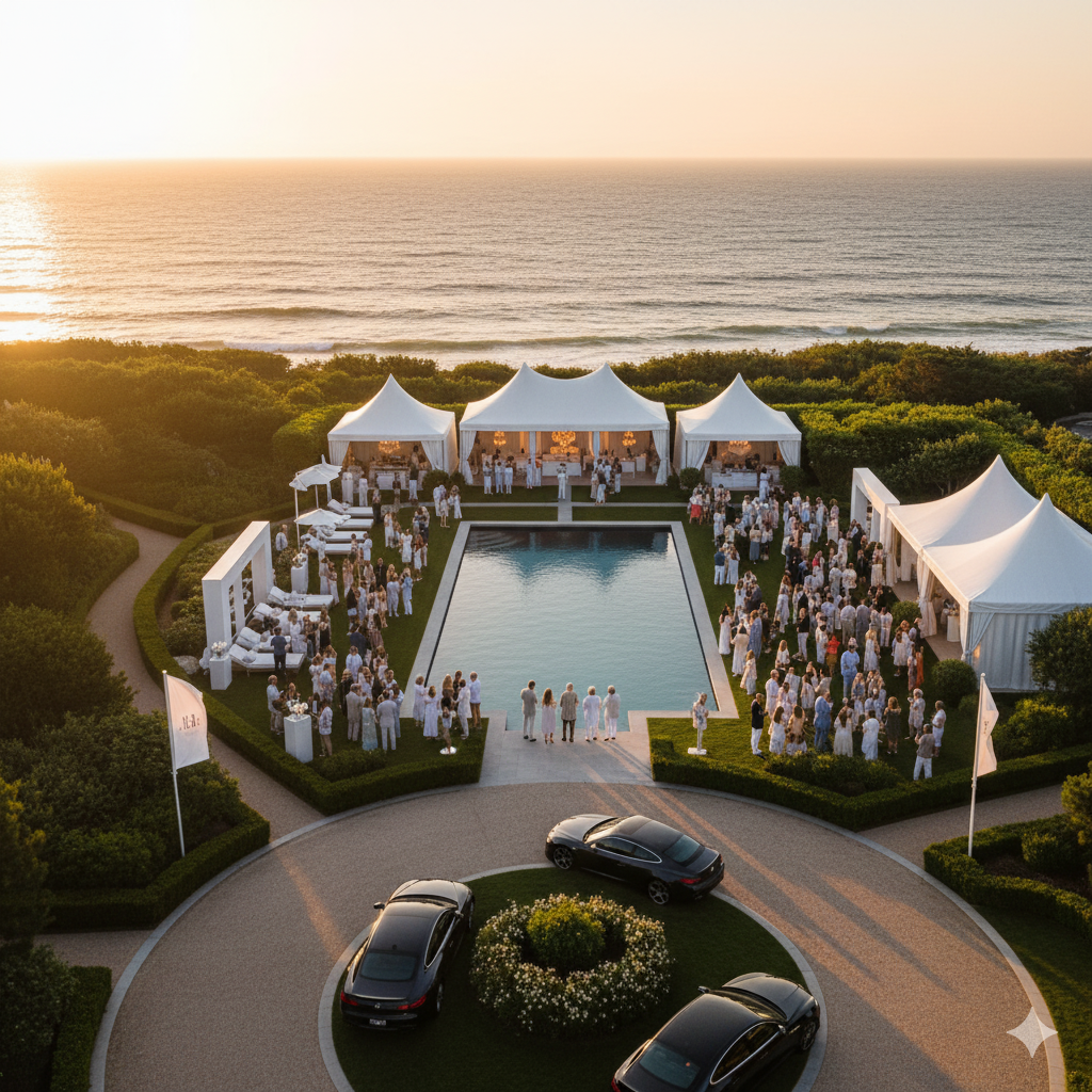 Luxury brand activation at exclusive Hamptons oceanfront estate during golden hour with elegant guests and ocean views