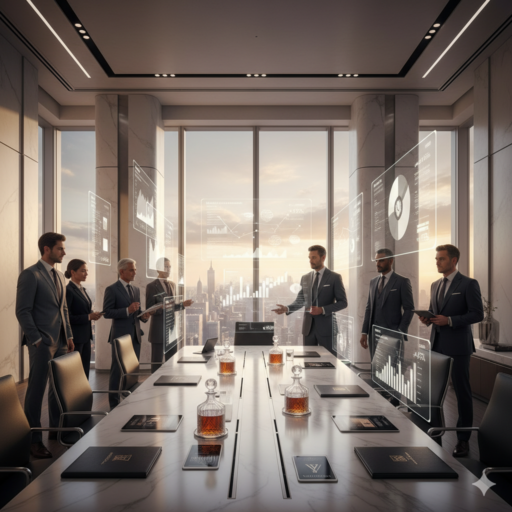 Luxury brand executives analyzing marketing strategy data in modern Manhattan boardroom