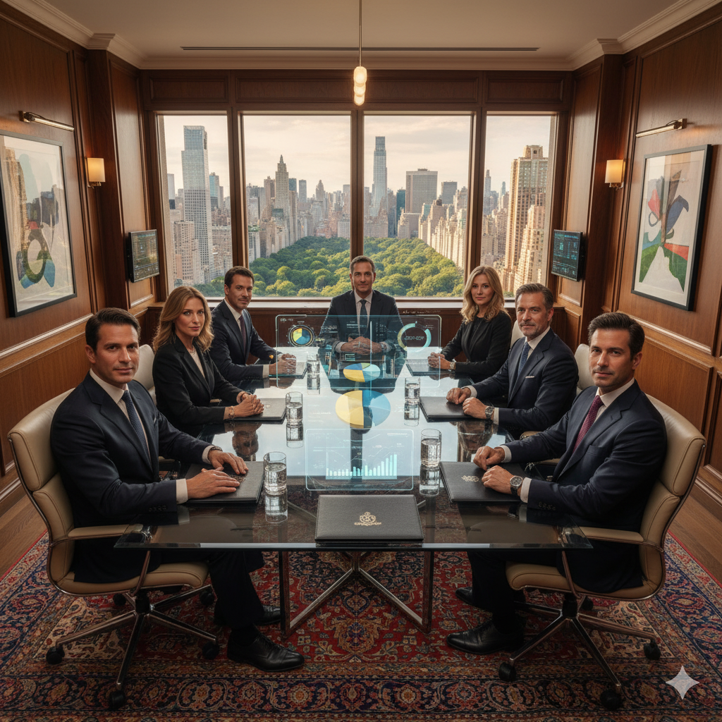 Family office executives reviewing global investment trends and allocation strategies in luxury Manhattan boardroom