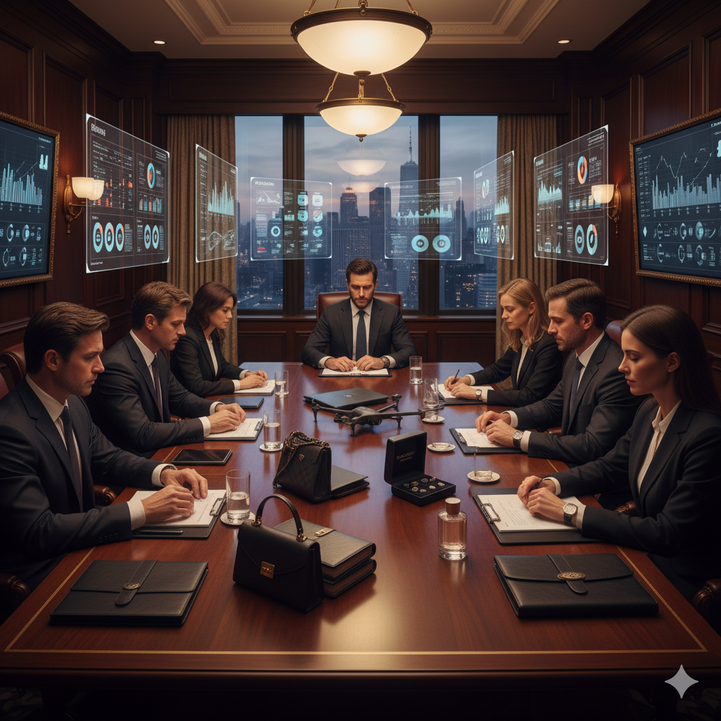 Private equity professionals analyzing consumer brand investment opportunities in luxury Manhattan boardroom