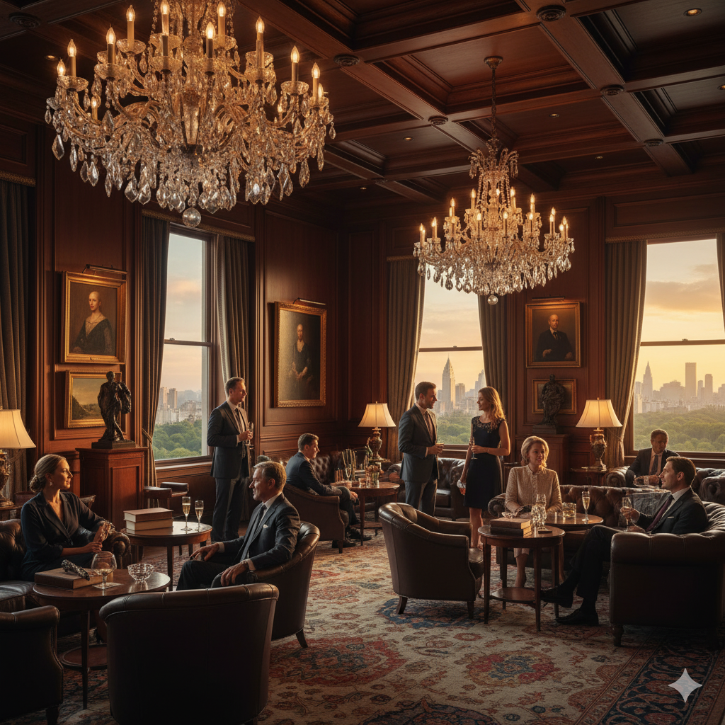 Elegant Manhattan private club interior with members networking