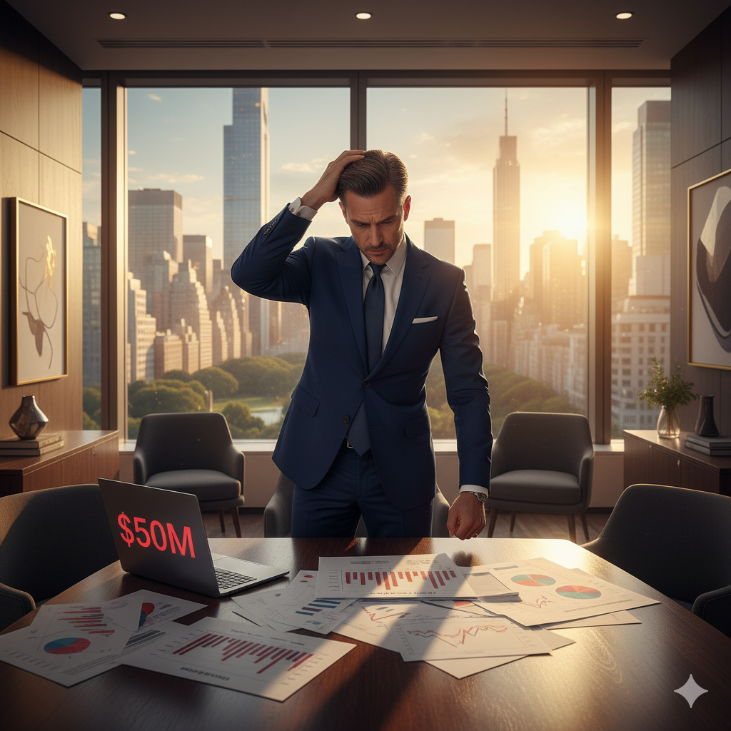 Frustrated family office manager reviewing failed $50 million marketing campaign results in luxury Manhattan office