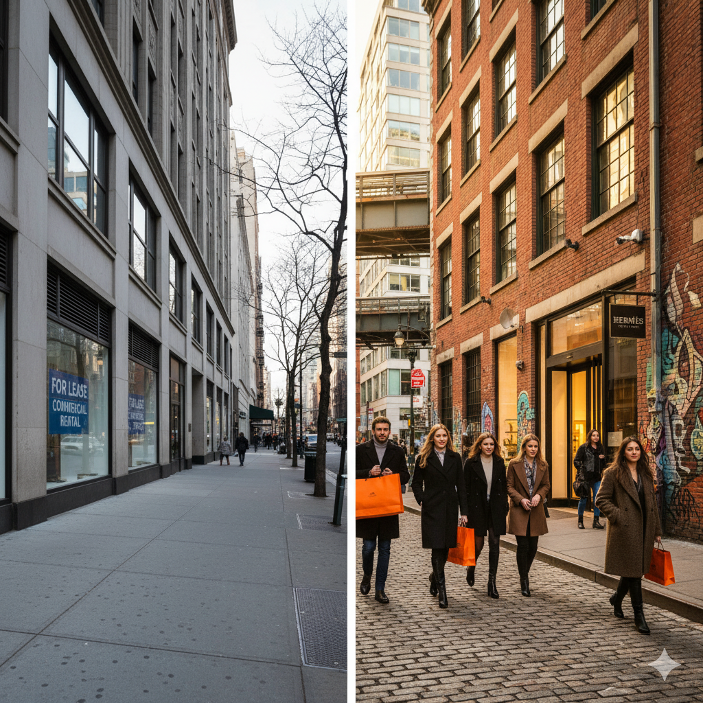 Split image showing abandoned Madison Avenue luxury retail space versus thriving secret NYC address with modern luxury boutiques