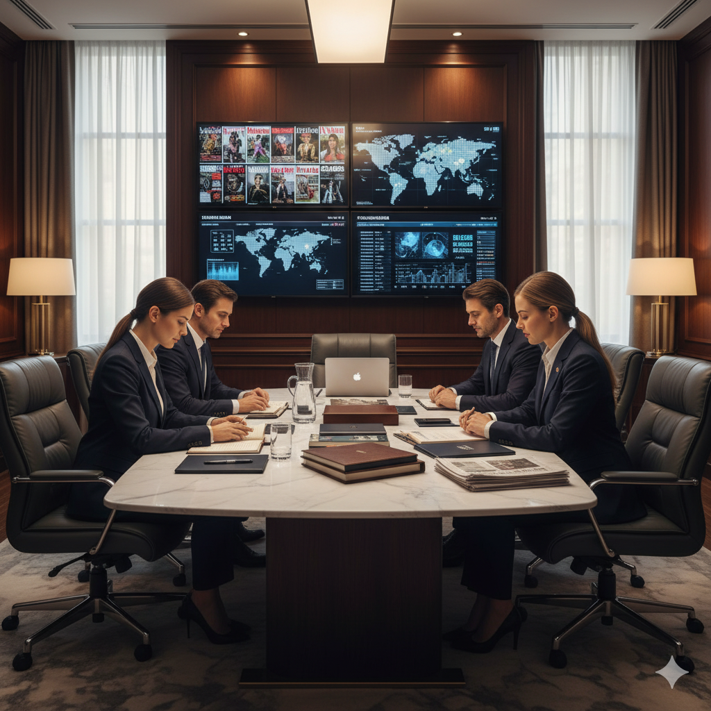 Family office executives reviewing luxury media acquisition opportunities