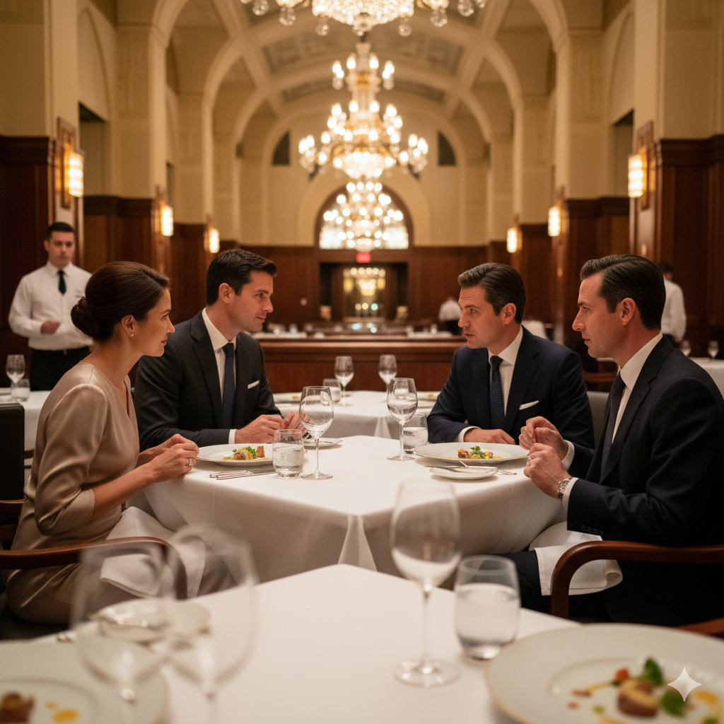 An elegant scene inside Eleven Madison Park's iconic dining room during peak dinner service, showing two well-dressed business professionals engaged in intimate conversation at adjacent tables. The setting should capture the restaurant's sophisticated Art Deco architecture with its soaring ceilings, warm lighting, and impeccable table settings. Include subtle details like wine glasses, the famous tasting menu presentations, and attentive service staff in the background. The atmosphere should convey the exclusive, refined environment where high-stakes business conversations happen naturally between courses.