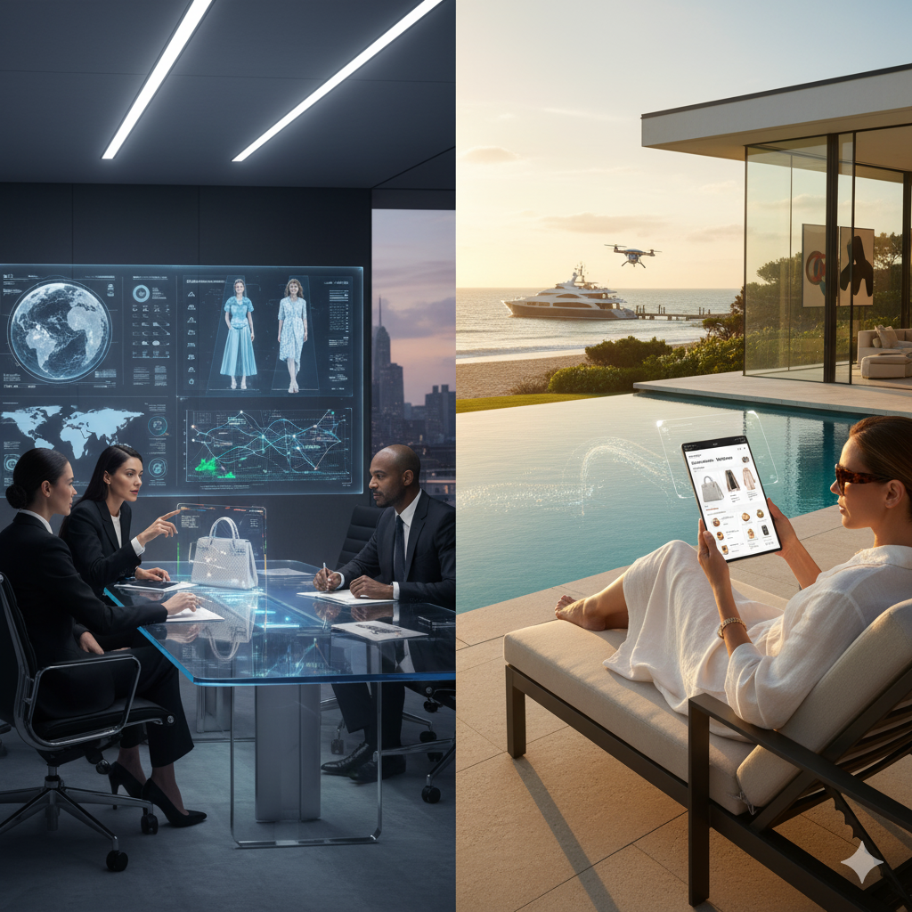 A split image shows two contrasting scenes. On the left, three executives in suits sit around a glowing holographic table in a modern boardroom, looking at screens displaying global data and AI-designed fashion. On the right, a woman in a white robe relaxes on a lounge chair by an infinity pool overlooking the ocean at sunset, holding a tablet with luxury clothing, while a drone flies over a yacht in the background.