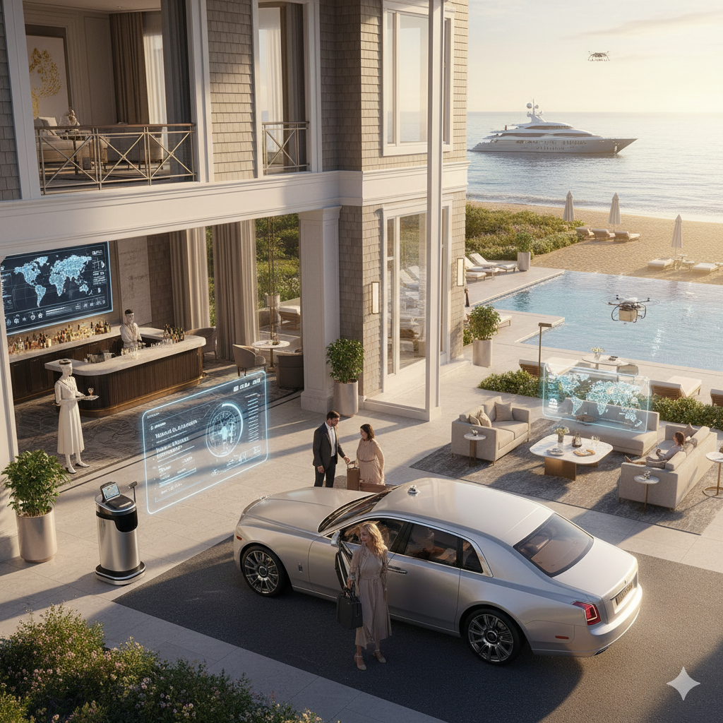 A luxurious Hamptons hotel at golden hour, featuring a silver autonomous car dropping off guests at the entrance. Inside, a robotic bartender serves drinks and holographic displays show global data and guest information. Outside, by an infinity pool and beach, drones fly, a yacht is anchored, and guests relax, all within an AI-managed hospitality system.