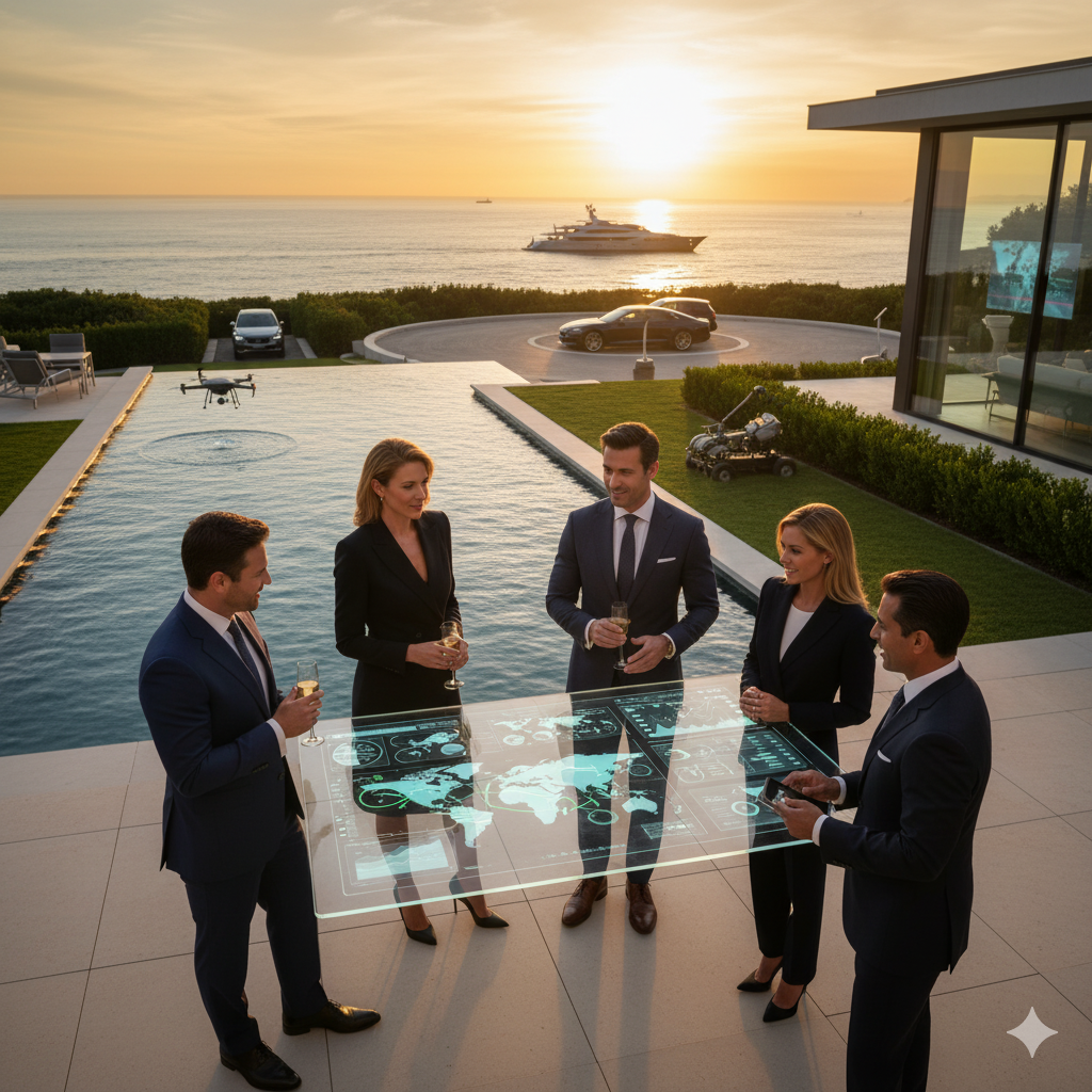 Alt Text: Five impeccably dressed luxury business leaders stand by an infinity pool at a Hamptons estate during sunset, interacting with a large transparent holographic display showing global business intelligence. In the background, a drone hovers over the pool, a robotic lawnmower operates, autonomous cars are parked, and a luxury yacht sails on the ocean.