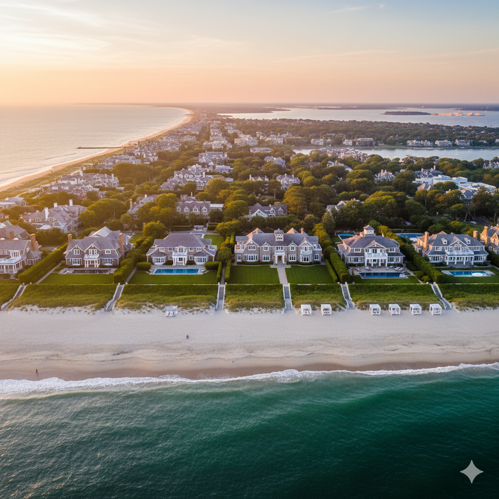 Aerial golden-hour vista of Southampton Hamptons' elite enclaves and sun-kissed shores