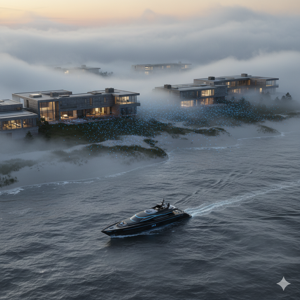 Twilight haze over East Hamptons dunes with hidden estates and yacht, evoking silent luxury.