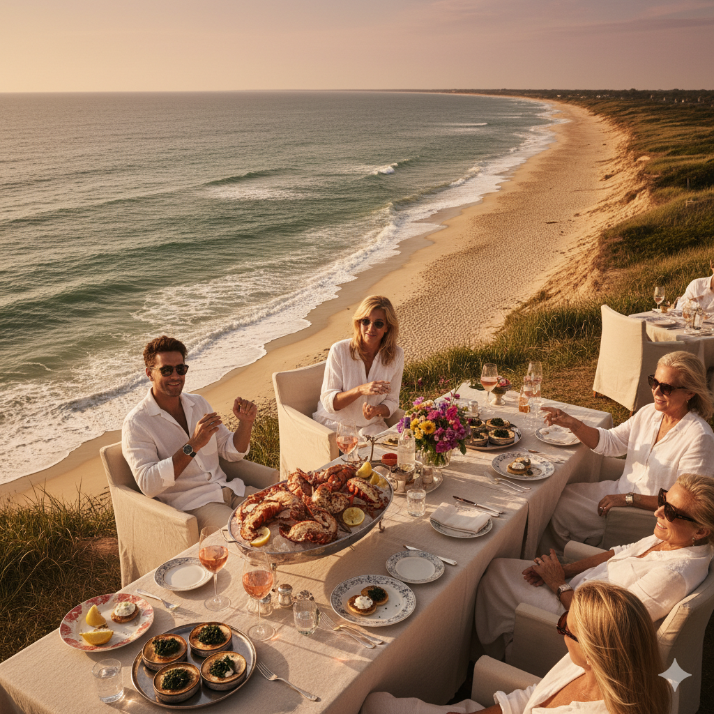 Sunset feast at the best East Hampton restaurants, showcasing lobster and champagne luxury.