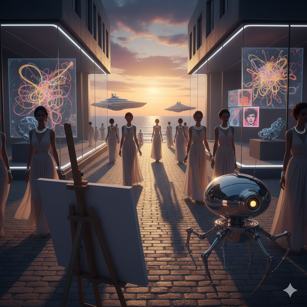 Sunset vista of East Hampton's Art World summer elegance, blending luxury galleries and cosmic whimsy.