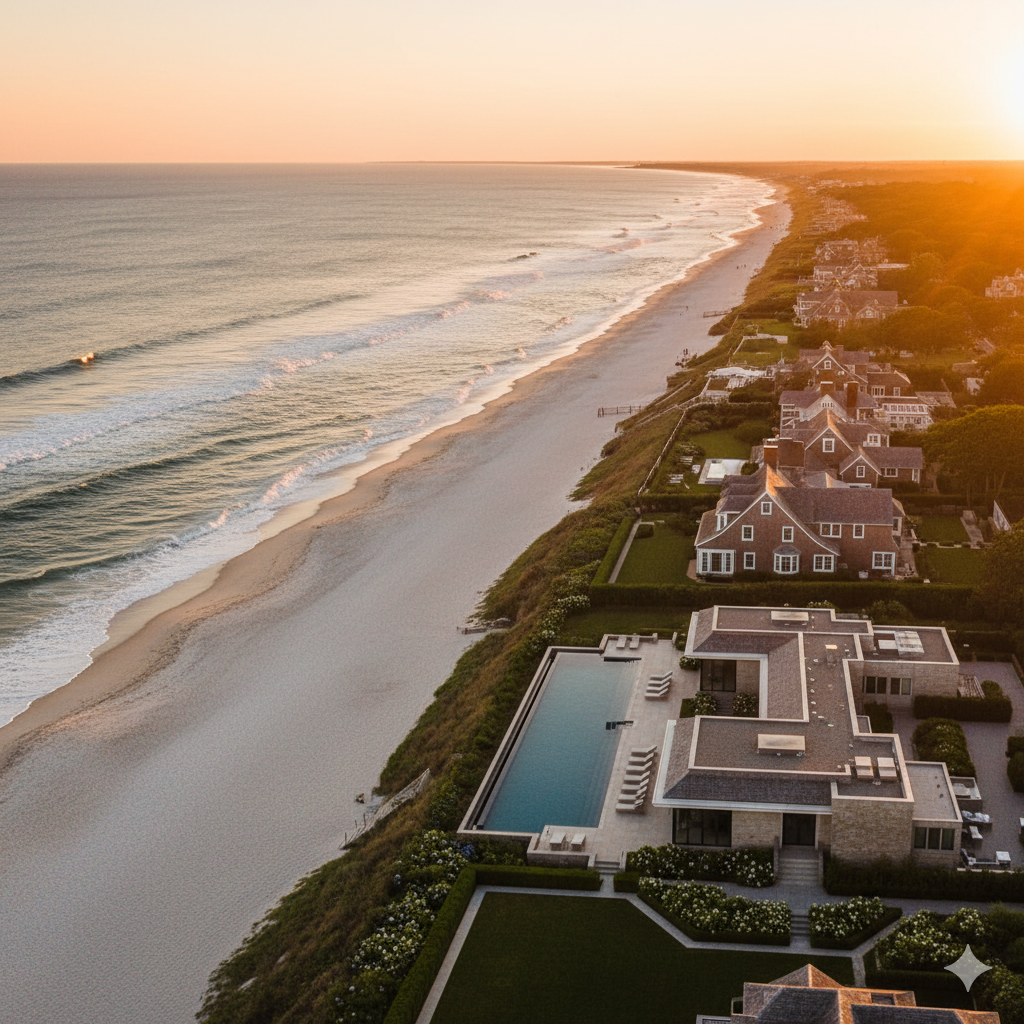 Luxury East Hampton hotel overlooking pristine Main Beach at sunset with elegant mansions and manicured gardens