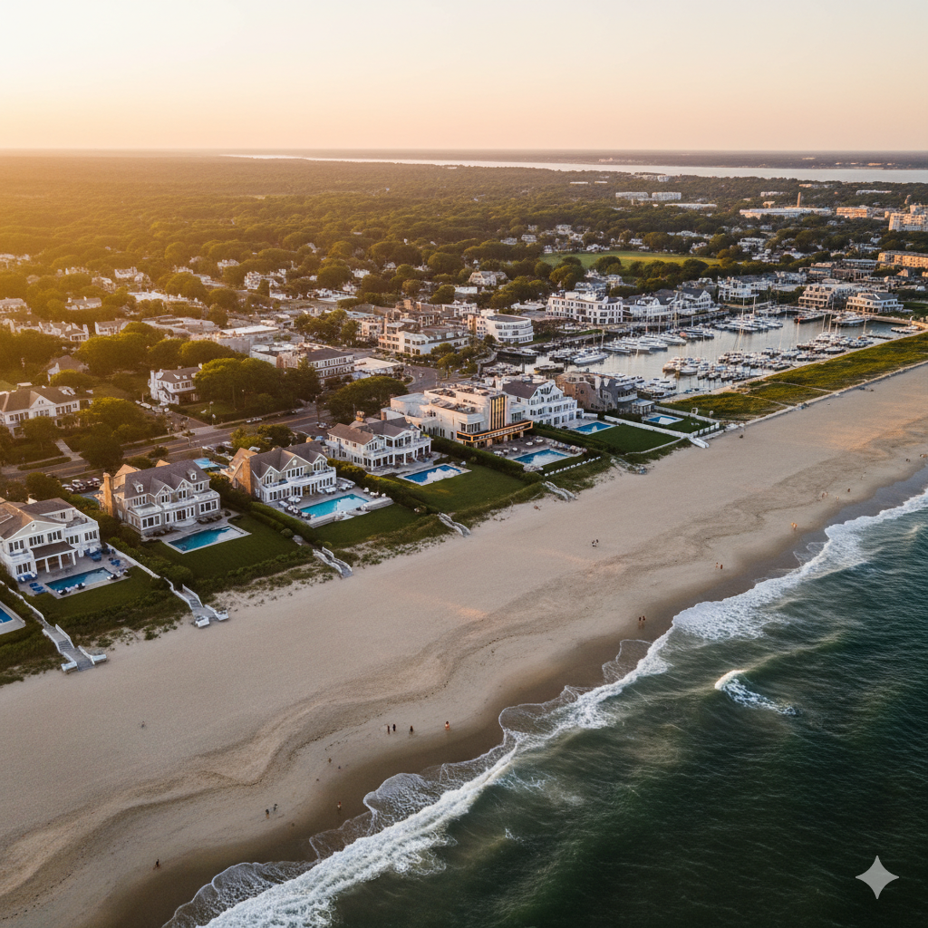 Aerial view of Westhampton Beach showing luxury beachfront homes, marina with yachts, and pristine coastline during golden hour