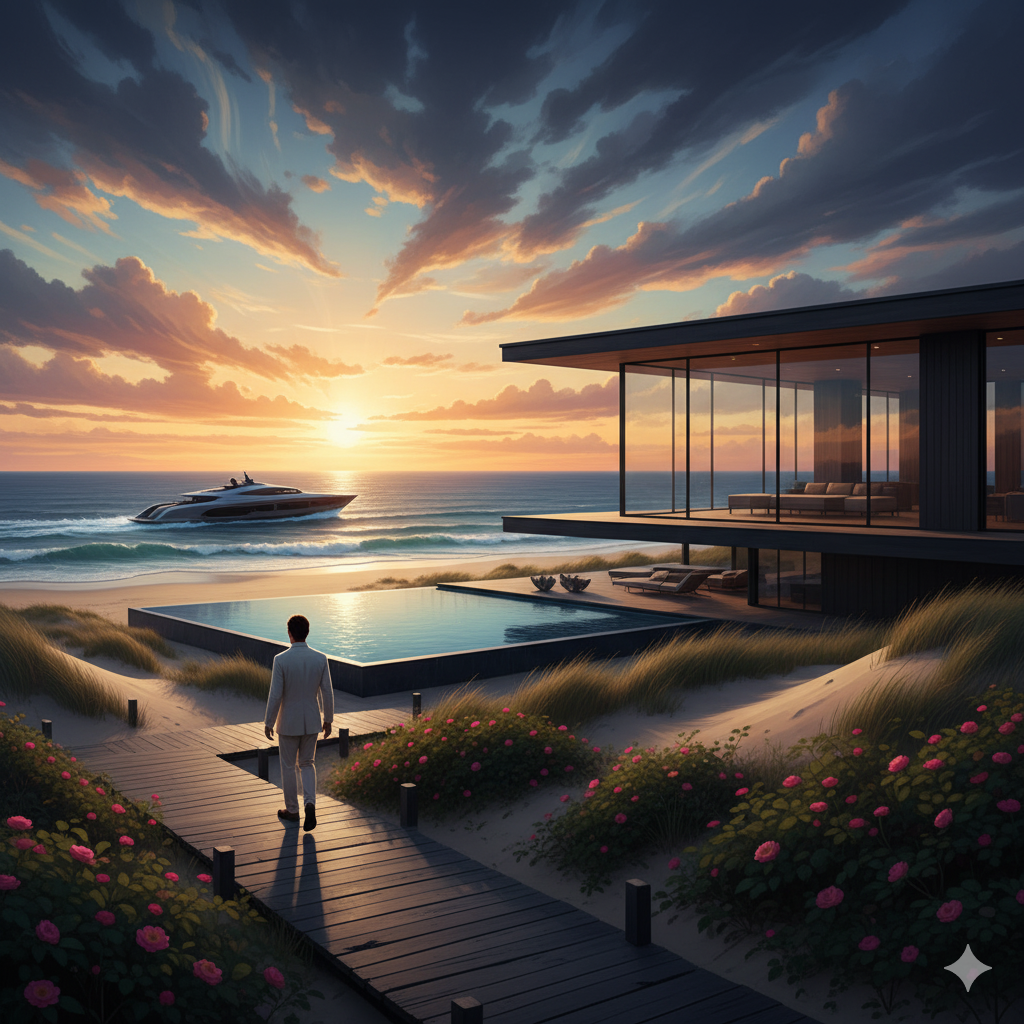 Luxurious golden hour scene of Westhampton Beach dunes, yacht, and boardwalk for things to do in Westhampton guide.