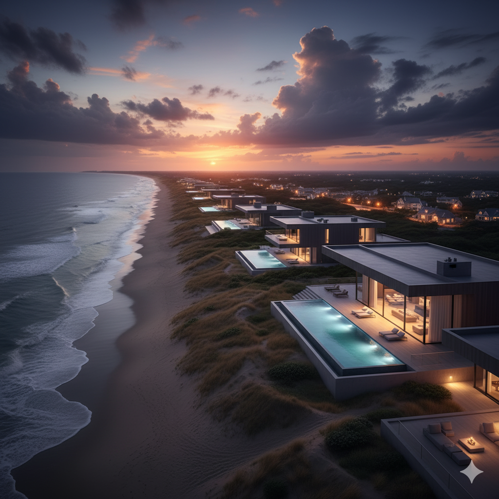 Panoramic dusk view of Westhampton Beach dunes and luxury villas in the Hamptons