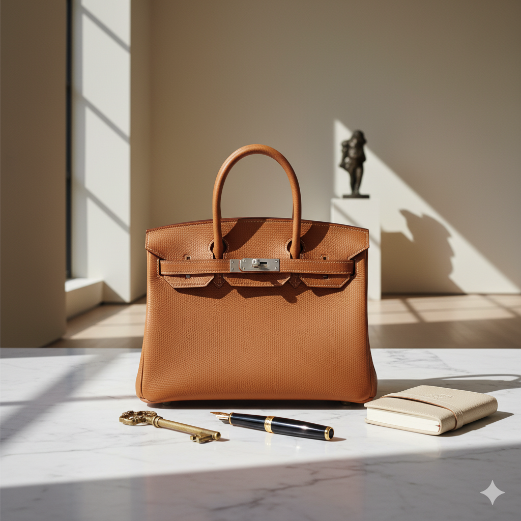 Elegant Hermès Birkin bag on marble surface in luxurious minimalist setting representing exclusive luxury brand marketing strategies