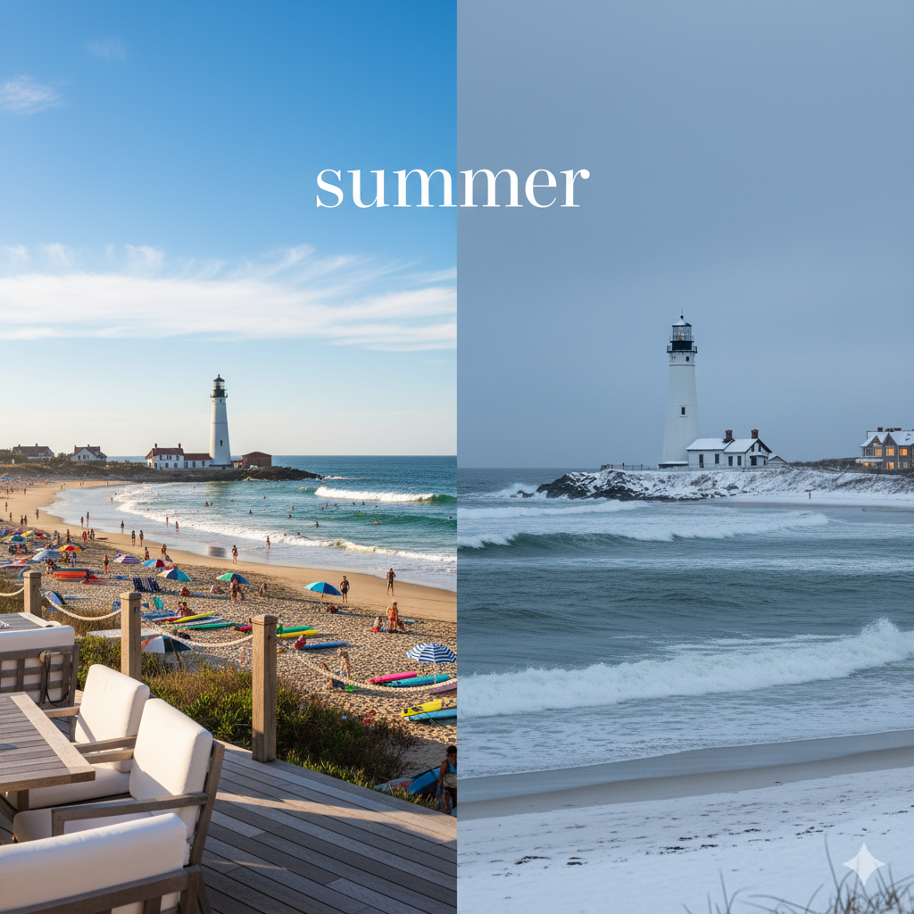 Split-season view of Montauk showing summer beach scene with surfers and winter snow-covered lighthouse, representing year-round luxury travel experiences