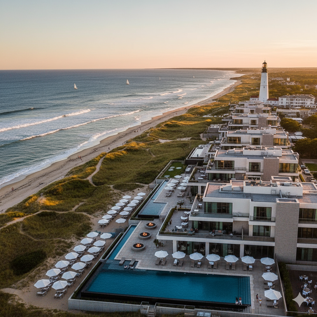 Aerial view of luxury Montauk hotels along pristine Atlantic beachfront at sunset with Montauk Point Lighthouse