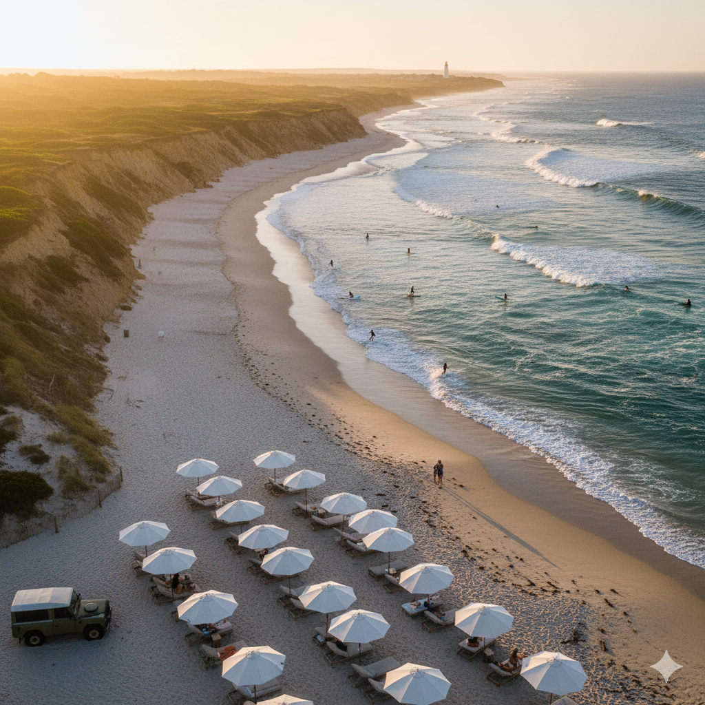 Aerial view of Ditch Plains Beach Montauk showing dramatic bluffs, pristine sand, surfers in Atlantic waves, and luxury beach amenities during golden hour