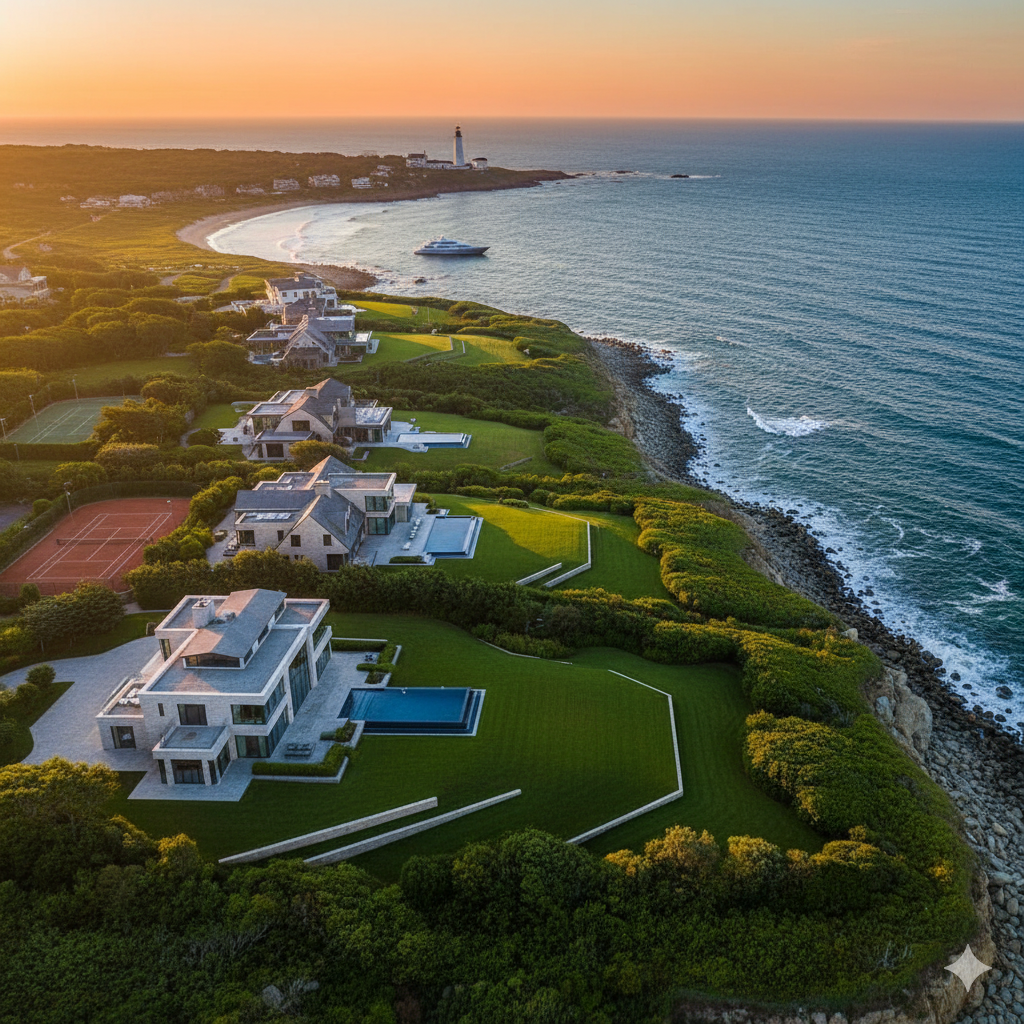 Aerial view of luxury Montauk oceanfront estates at sunset with Montauk Lighthouse in distance, showcasing premium Hamptons real estate market