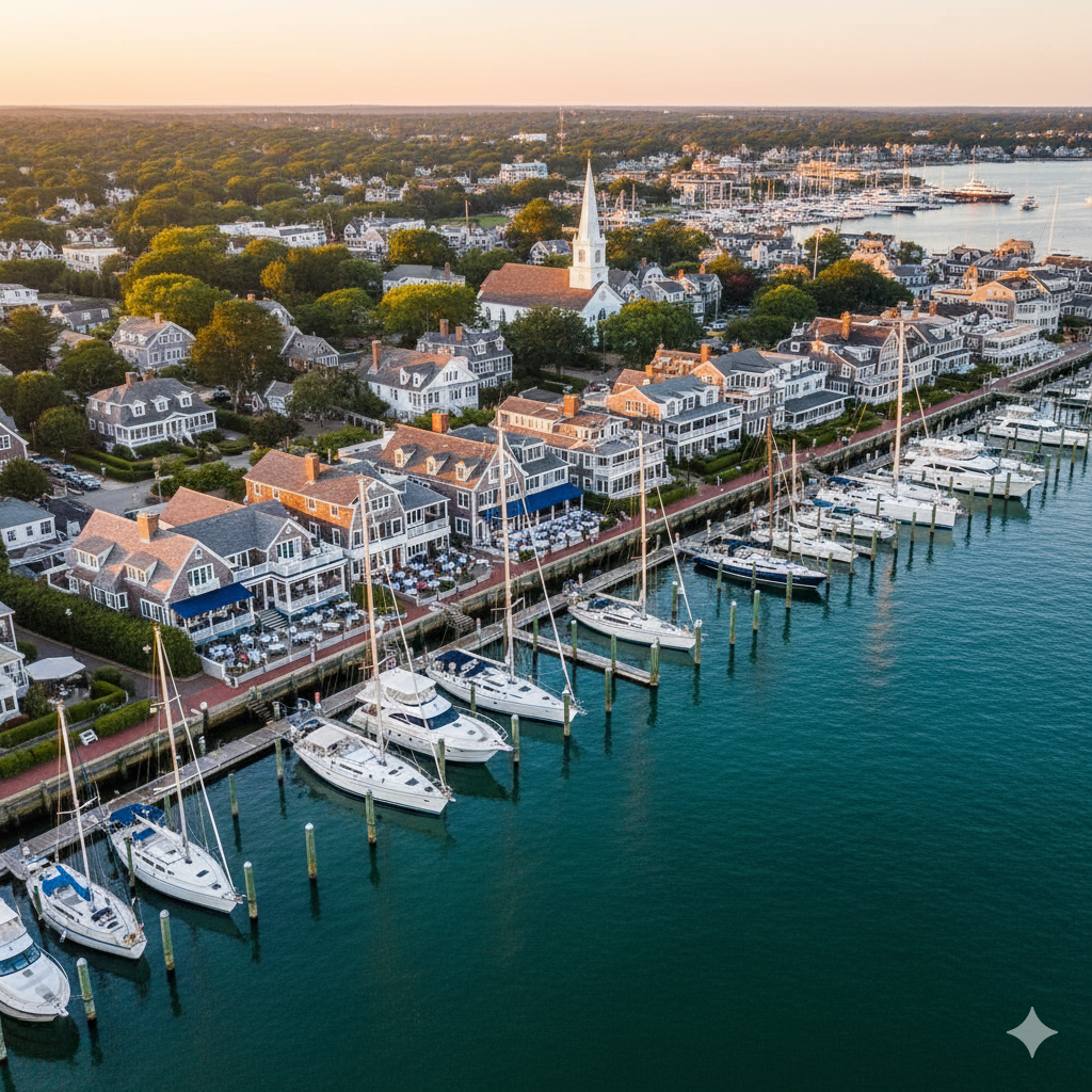 Aerial view of Sag Harbor marina at sunset showing luxury yachts, historic village, and waterfront dining establishments in the Hamptons