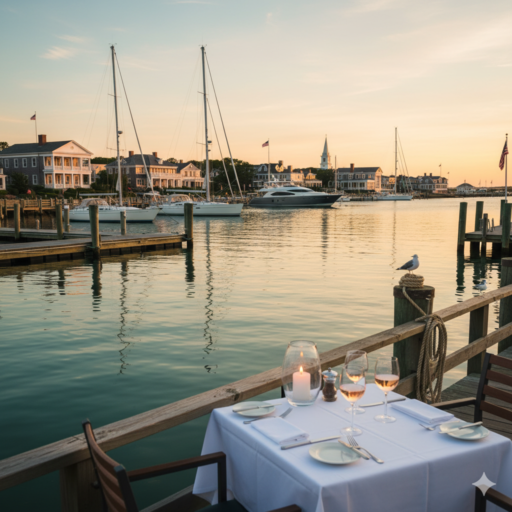 Romantic waterfront dining scene in Sag Harbor with sailboats and historic mansions during golden hour sunset