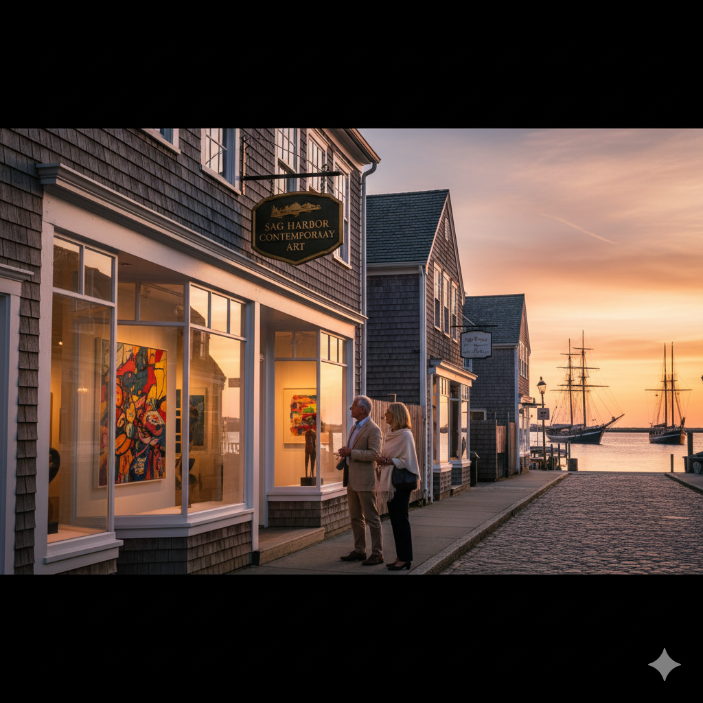 Sag Harbor art galleries on Main Street at sunset with collectors viewing contemporary artwork through gallery windows