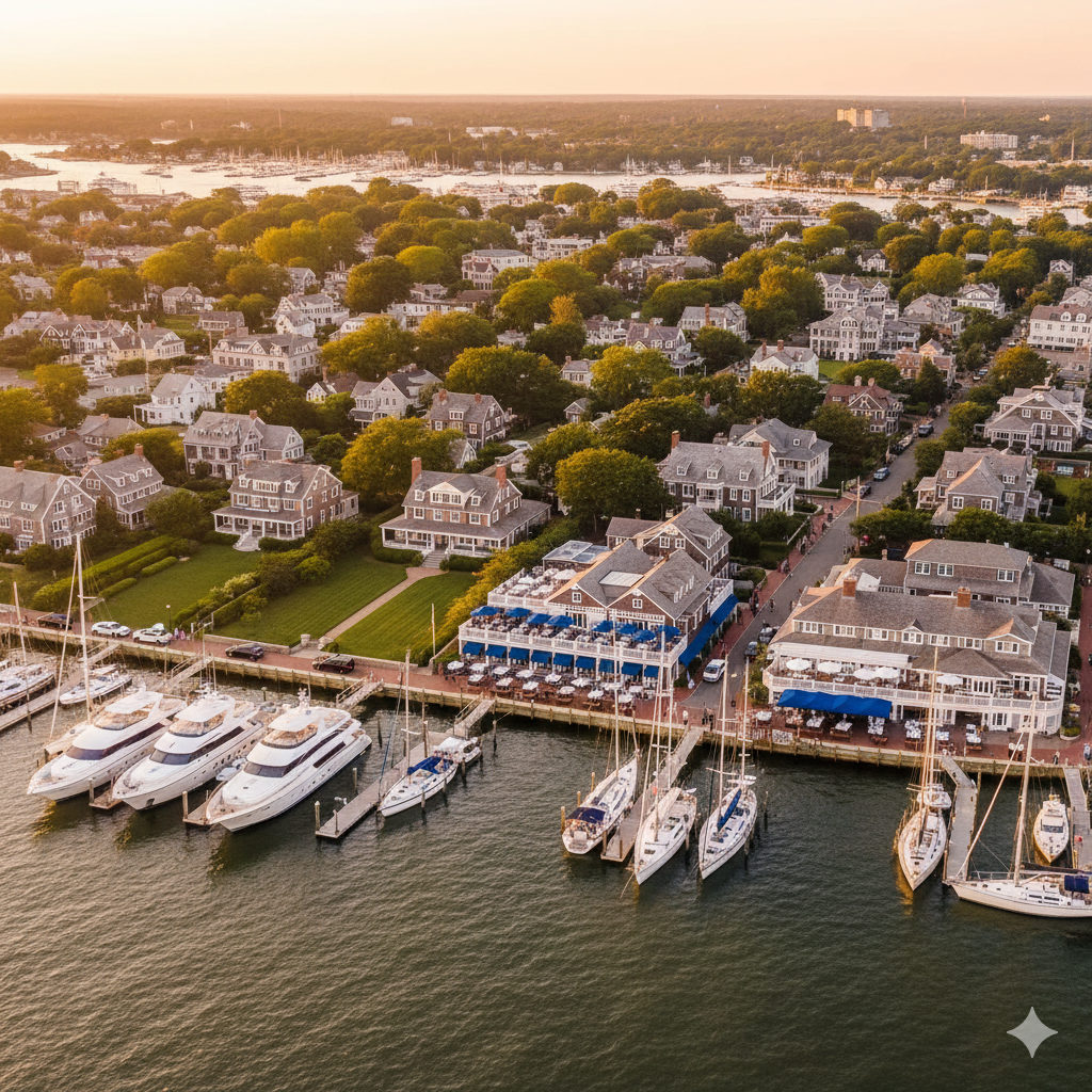 Aerial view of Sag Harbor luxury real estate market showing waterfront mansions, marina with yachts, and historic village architecture at sunset