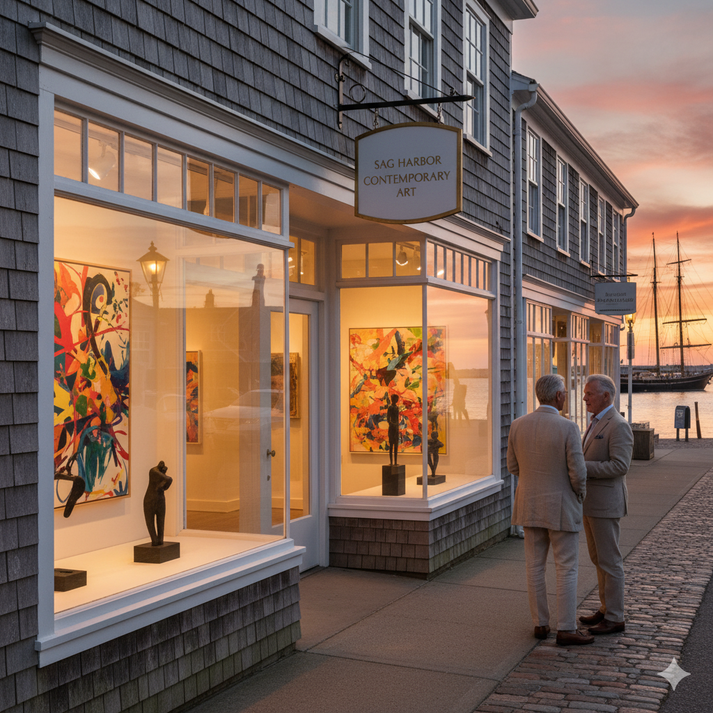 Sag Harbor art galleries on Main Street at sunset with collectors viewing contemporary artwork through gallery windows