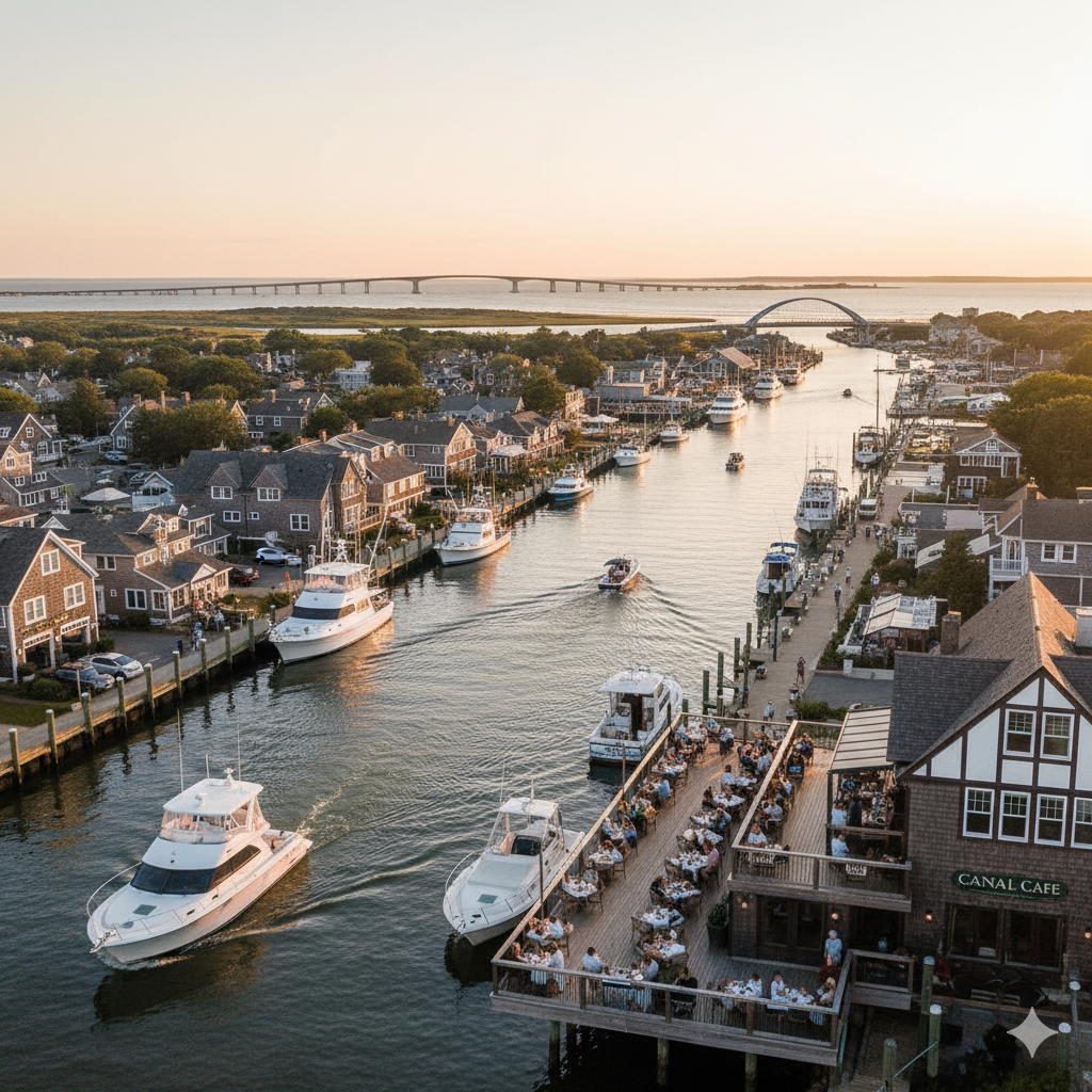 Aerial view of Hampton Bays waterfront dining and Shinnecock Canal with luxury boats and authentic fishing village atmosphere during golden hour