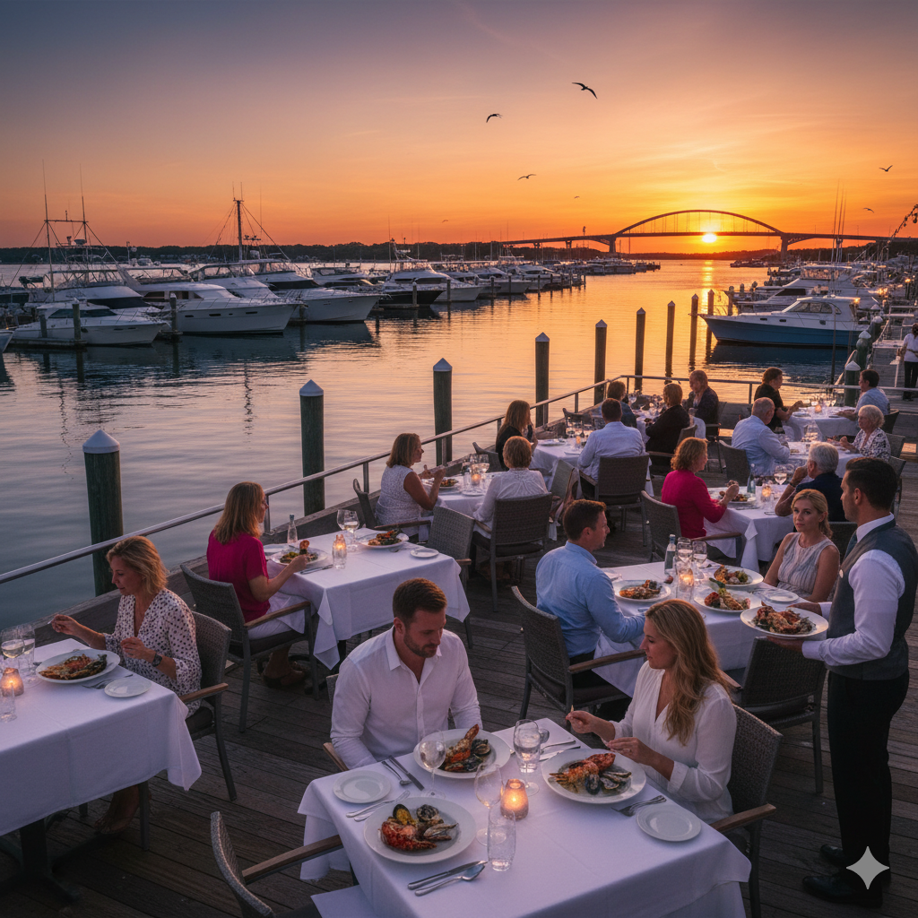 Elegant waterfront restaurant in Hampton Bays at sunset with marina views, luxury yachts, and fine dining terrace