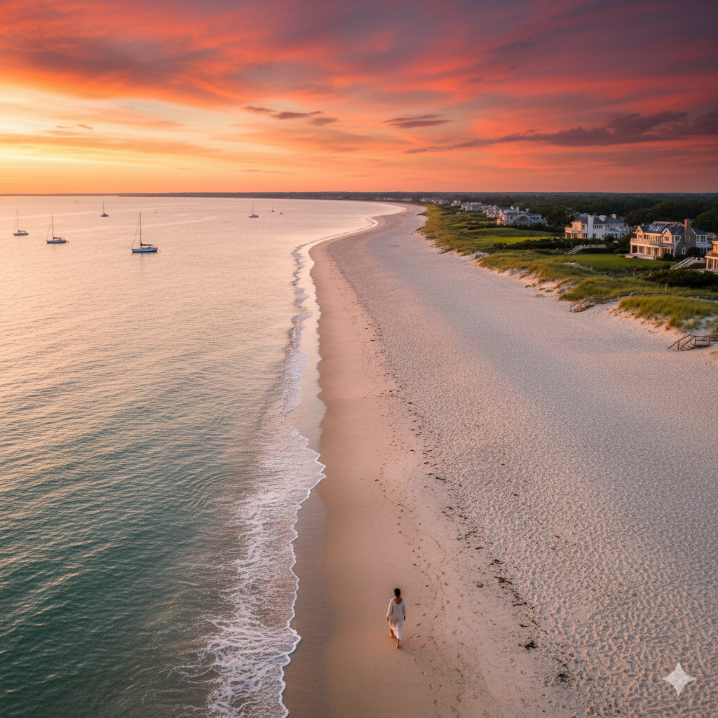 Golden hour serenity at Ponquogue Beach, highlighting top things to do in Hampton Bays.