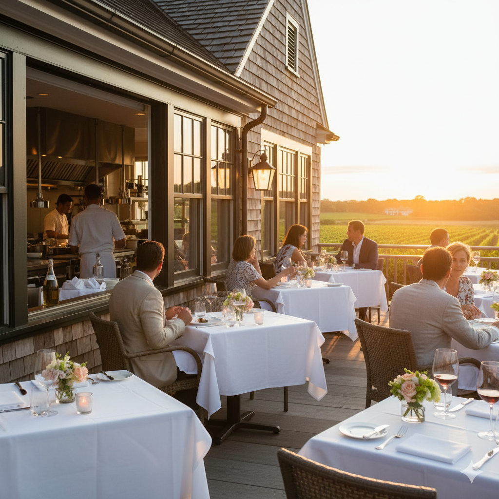Elegant Bridgehampton restaurant terrace at sunset with fine dining tables and sophisticated guests enjoying luxury cuisine in the Hamptons