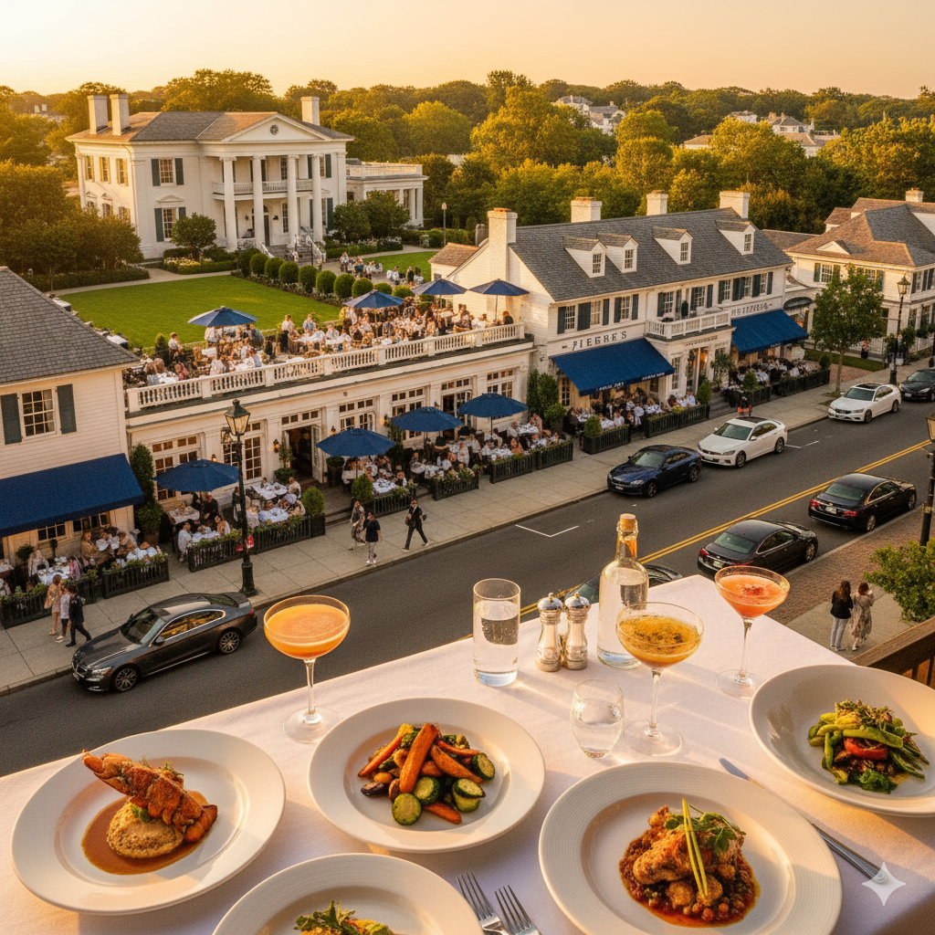 Bridgehampton restaurant row during golden hour showing luxury dining establishments and farm-to-table cuisine