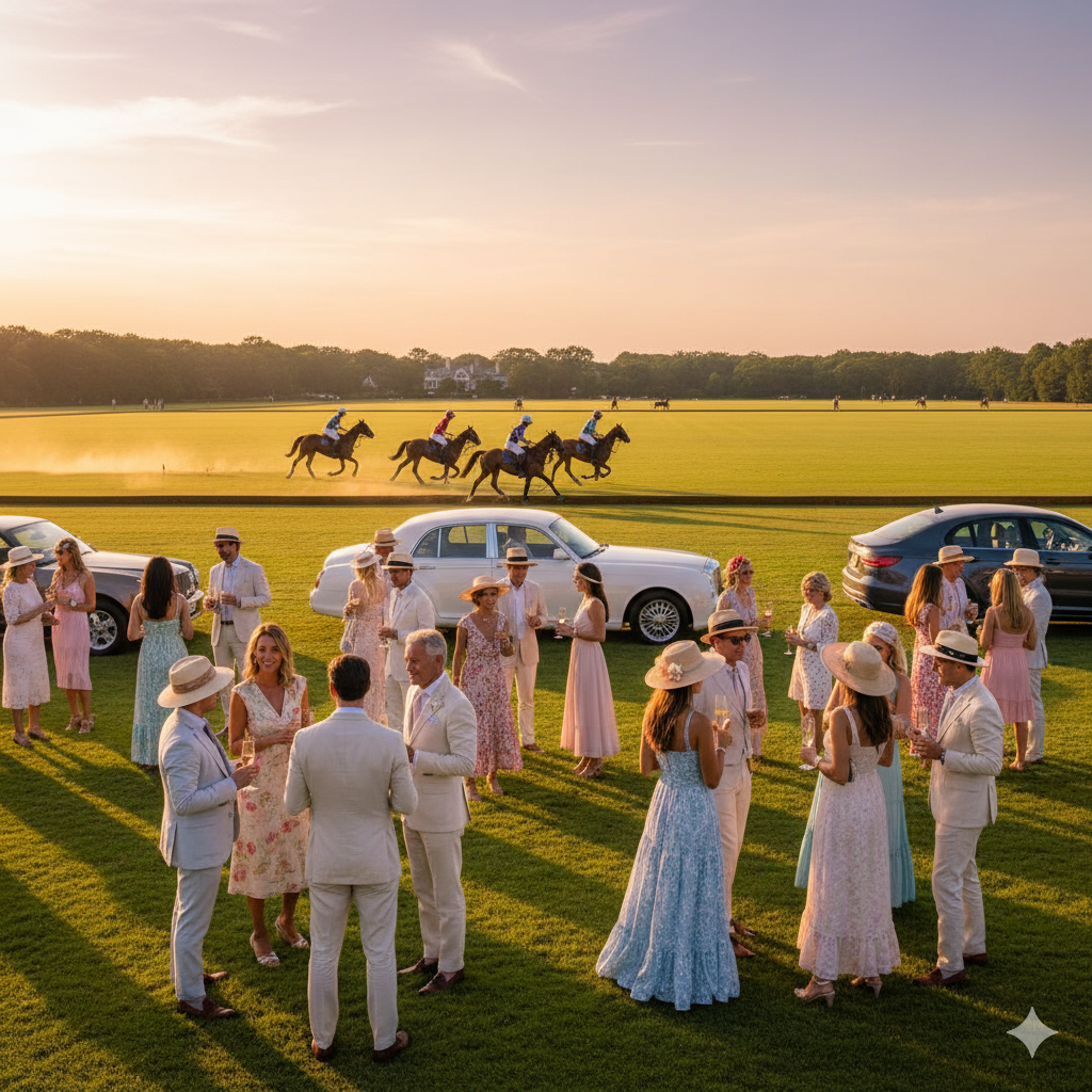 Elite networking at Polo Hamptons in Bridgehampton with luxury spectators watching polo match