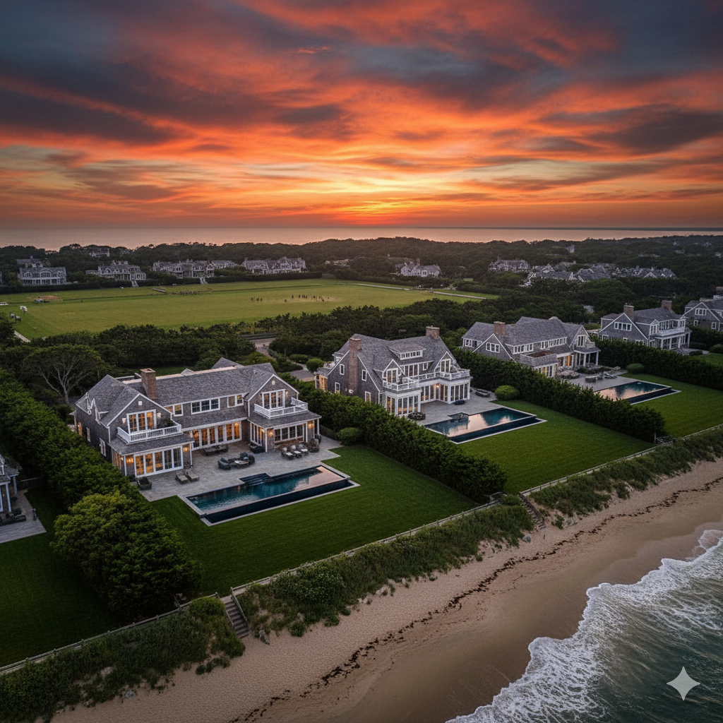 Luxurious aerial vista of Bridgehampton Hamptons at twilight