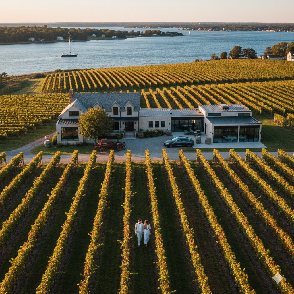 Elegant couple enjoying wine tasting at luxury North Fork vineyard with Long Island Sound waterfront views at sunset