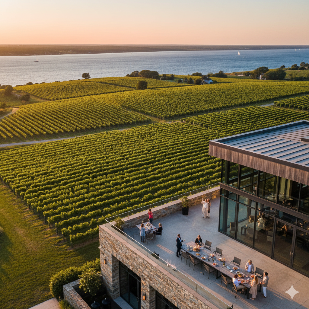 Aerial view of North Fork Long Island vineyards at sunset with luxury winery tasting room and Long Island Sound in background