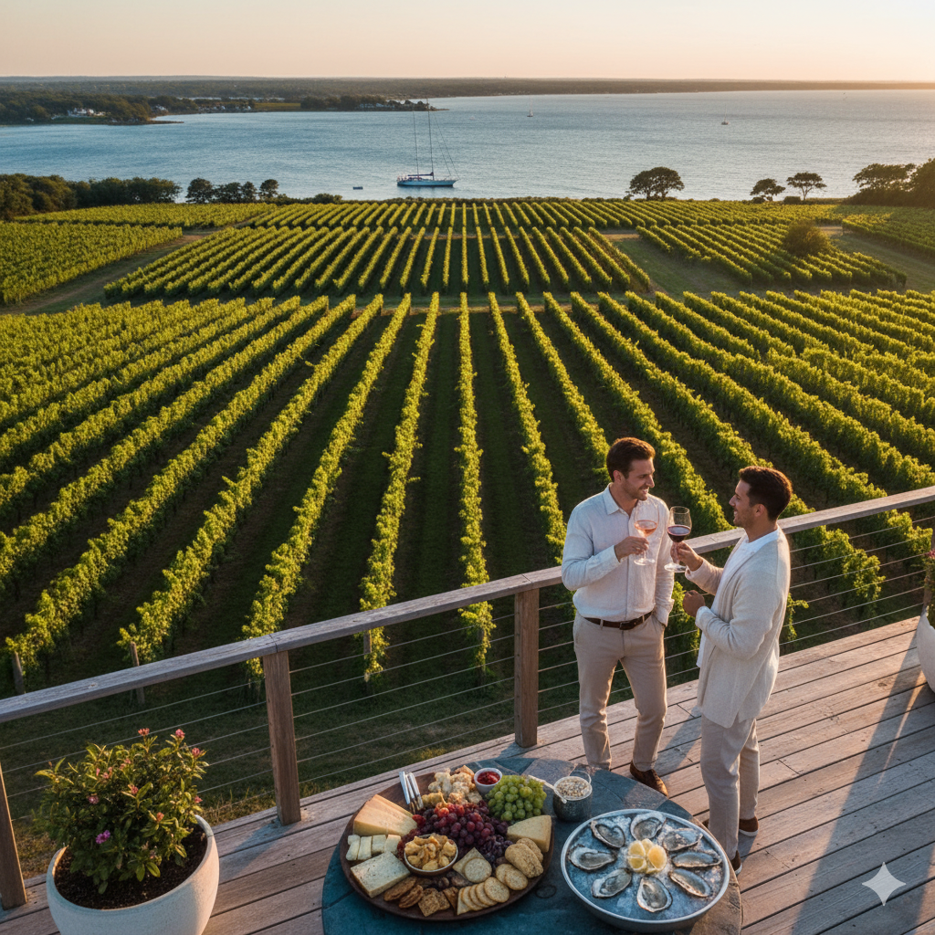 North Fork wine tasting experience with vineyards overlooking Long Island Sound at golden hour