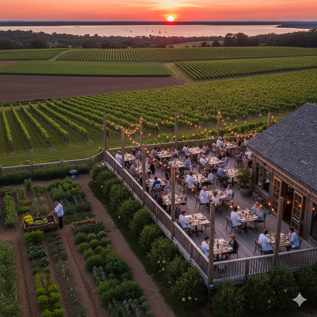 North Fork restaurant outdoor terrace dining at sunset with farm and vineyard views