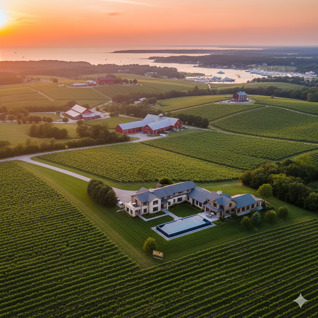 Aerial view of North Fork Long Island wine country showing luxury real estate properties, vineyards, and waterfront at sunset with investment opportunity potential