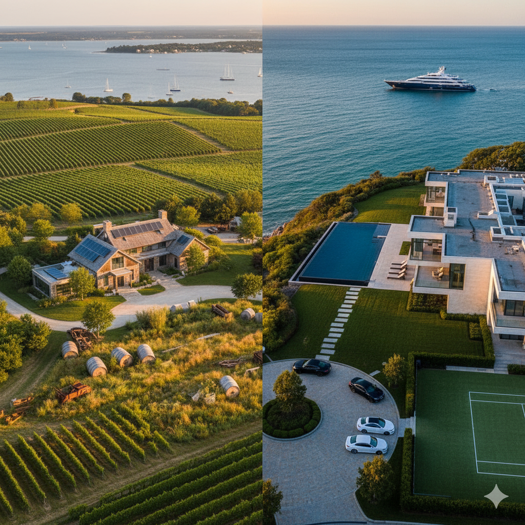 Aerial split view comparison of North Fork vineyards versus Hamptons oceanfront estates showing luxury lifestyle differences