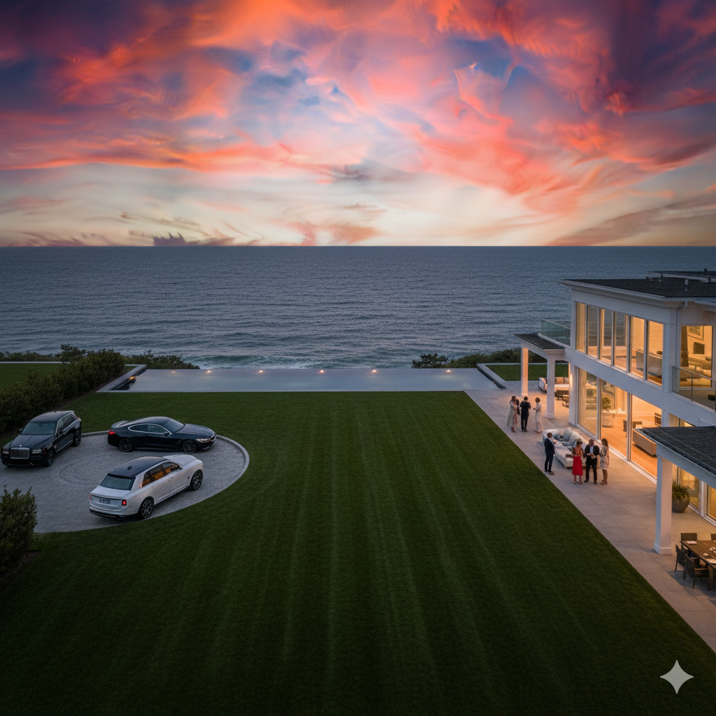 Aerial dusk view of a luxe Hamptons estate with pool, ocean, and affluent guests.