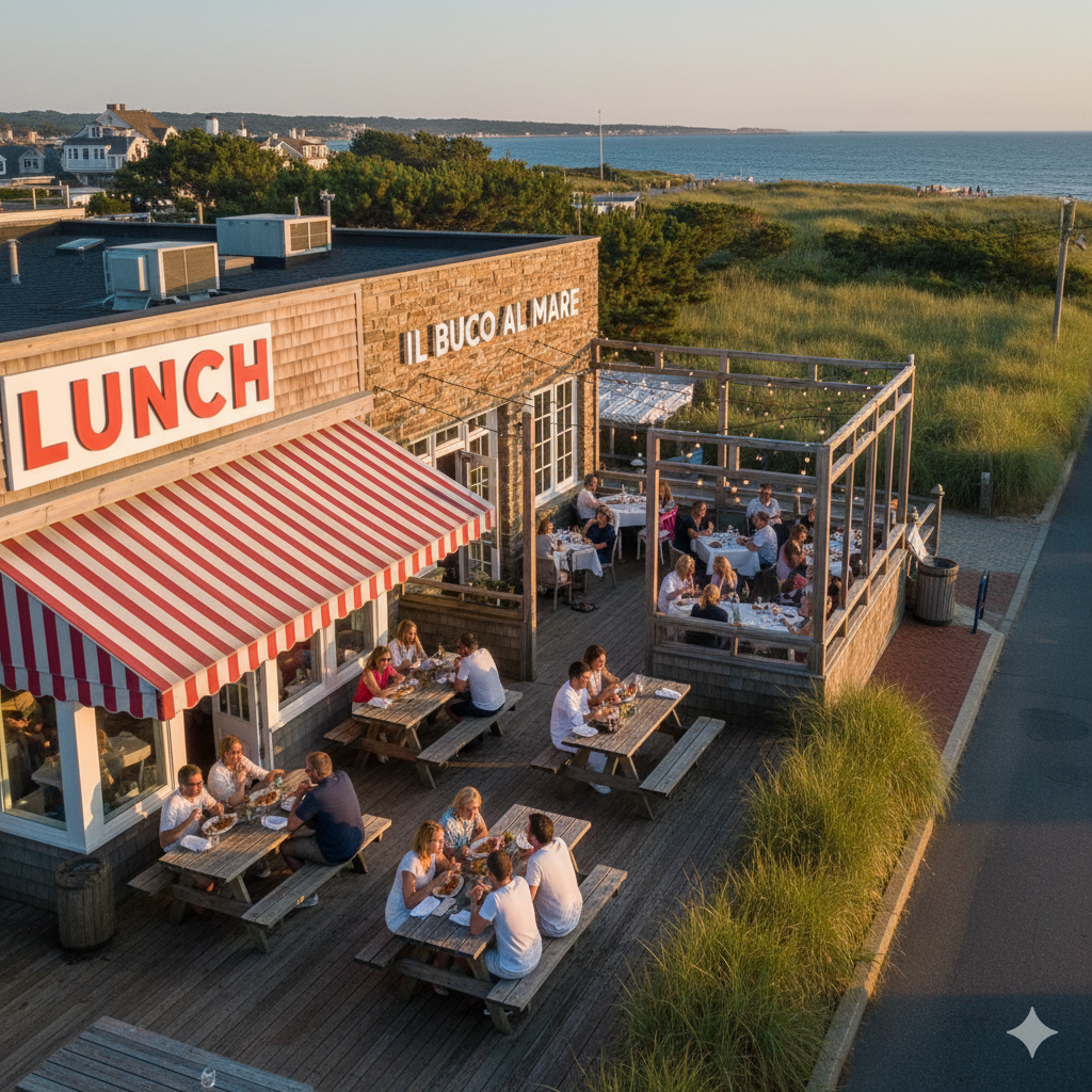 Aerial view of Amagansett restaurants along Main Street showing LUNCH seafood shack and Il Buco al Mare during golden hour with diners enjoying waterfront dining