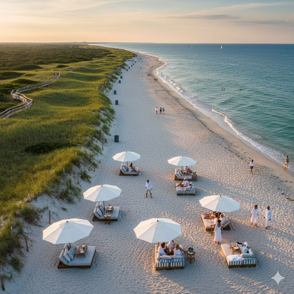 Aerial view of Atlantic Avenue Beach Amagansett showing pristine sand, blue waters, and luxury beach setups