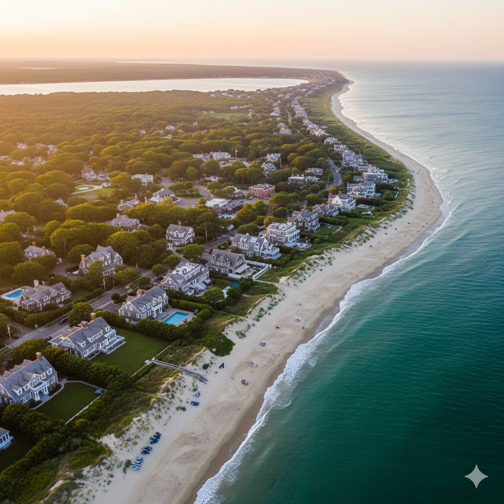Aerial view of Amagansett hamlet showing oceanfront estates, historic village architecture, and pristine beaches in the Hamptons