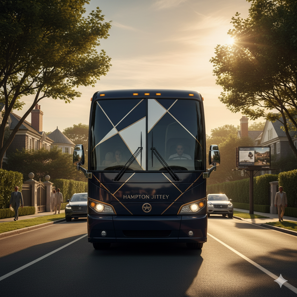 Luxury Hampton Jitney bus wrap dominates modest billboard in Hamptons advertising wars comparison