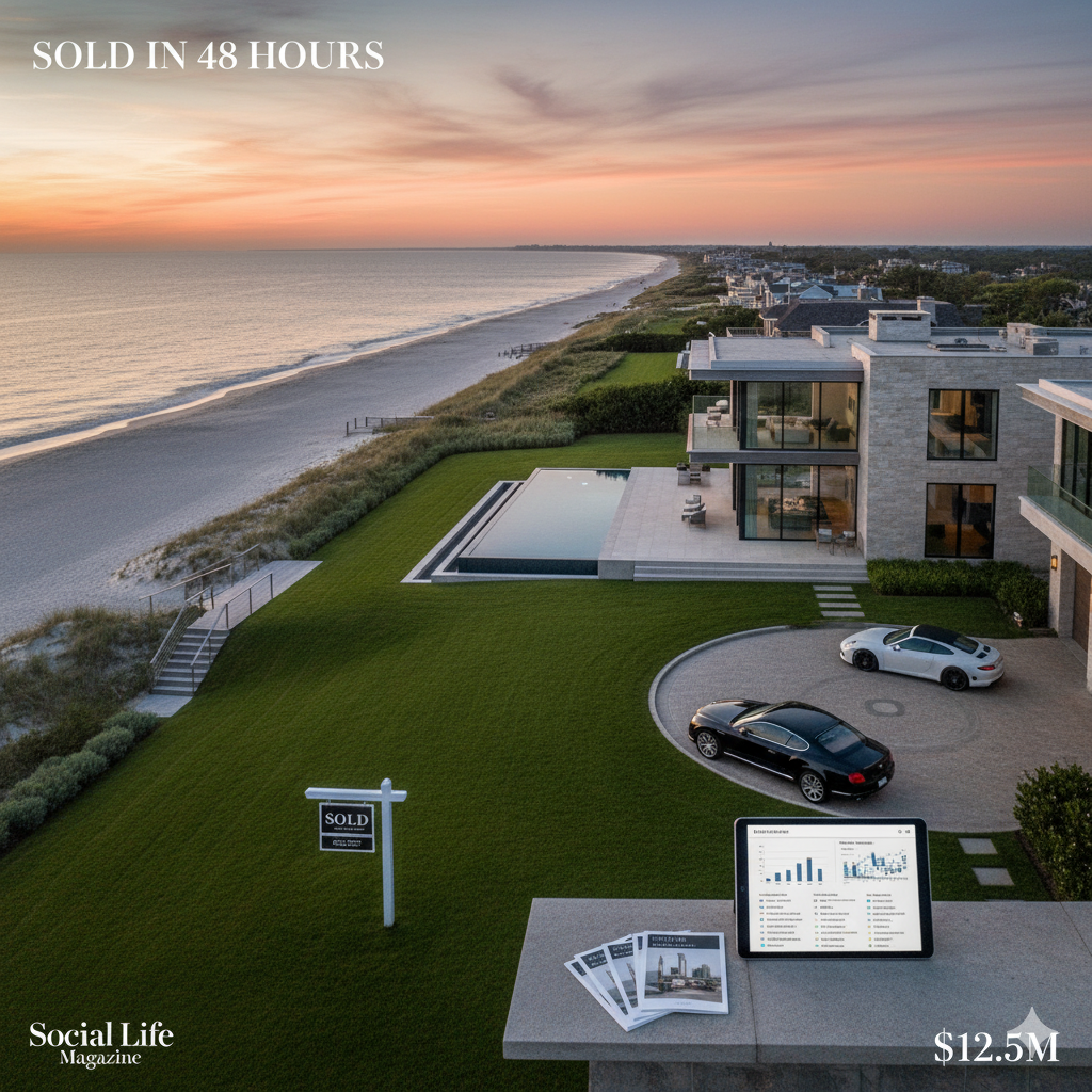 Luxury Hamptons oceanfront estate sold in 48 hours using secret advertising playbook - modern glass mansion with infinity pool overlooking Atlantic Ocean at sunset